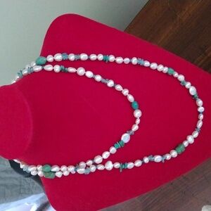 ♥️HP♥️40 INCH FRESHWATER PEARL, TURQUOISE AND APATITE NECKLACE.